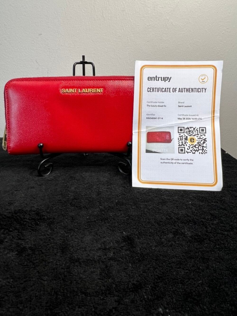 Saint Laurent Red Grain de Poudre Zip Around Wallet Entrupy Auth